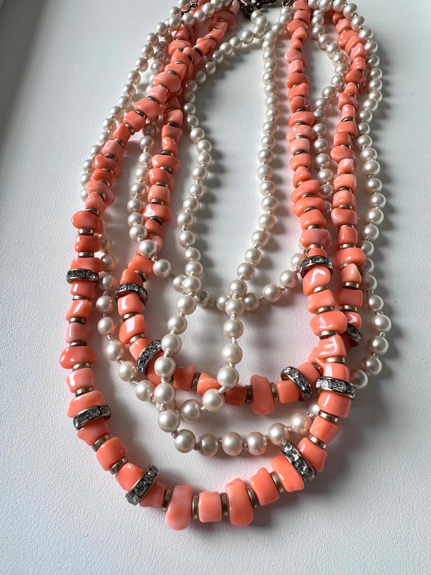 Vintage Multi-strand Layered Beaded with Coral and Faux Pearl Necklace adjustable necklace 16”to 18”
