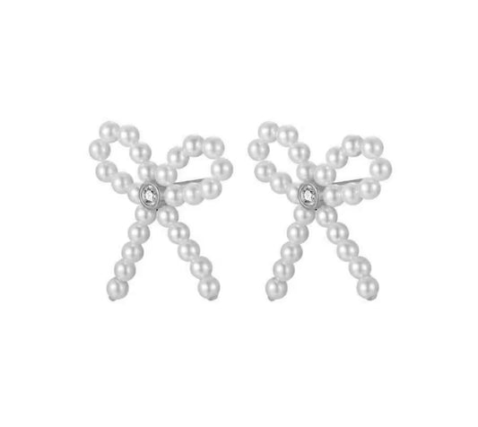 Tiny Pearl CZ Sterling Silver Bow Earrings