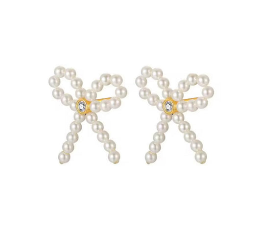 Tiny Pearl and CZ 18K Gold-Plated Bow Earrings